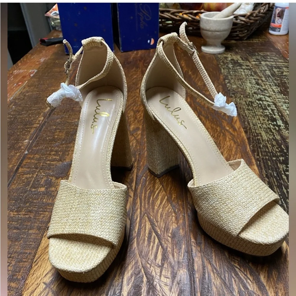 Lulus Kinuka Natural Raffia Ankle Strap High Heel Platform Sandals Size 11